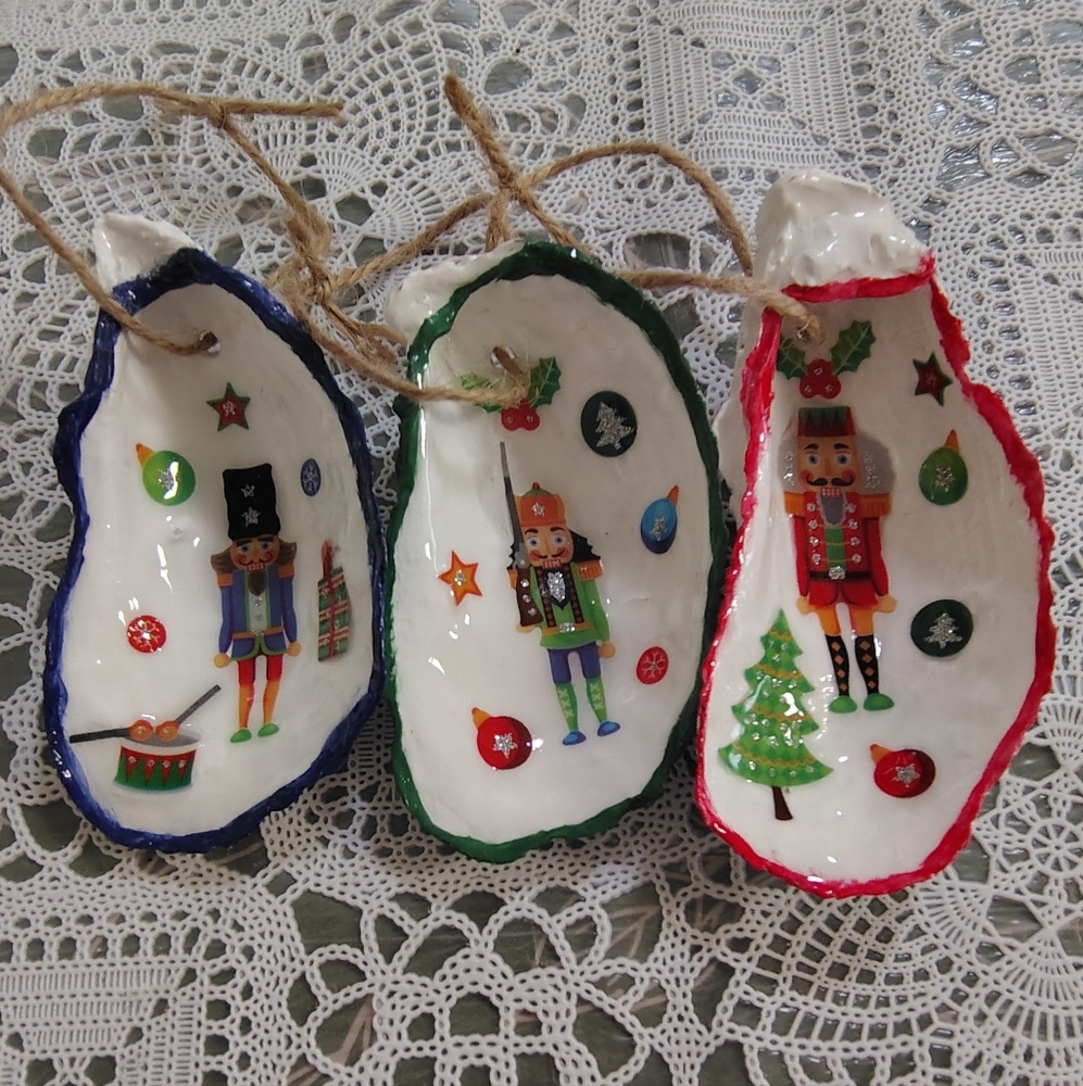 Nutcracker oyster shell ornaments trio